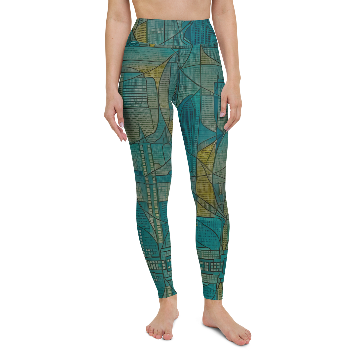 Yoga Leggings teal gold ochre abstract pattern original art print modern blue breathable stretchy sports pants yoga wear gym leggings