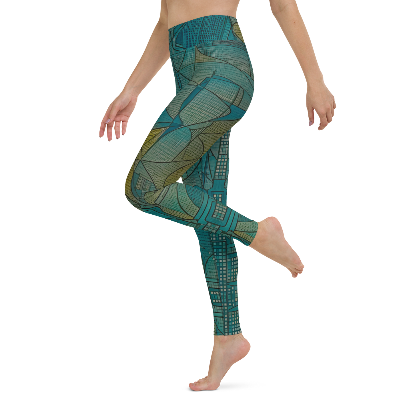 Yoga Leggings teal gold ochre abstract pattern original art print modern blue breathable stretchy sports pants yoga wear gym leggings