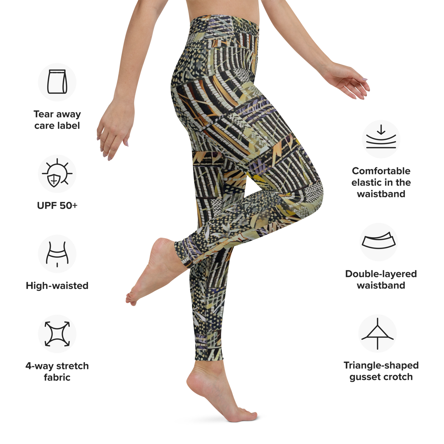 Yoga Leggings tropical design textured digital art original pattern grey tones leggings with plants and geometric designs