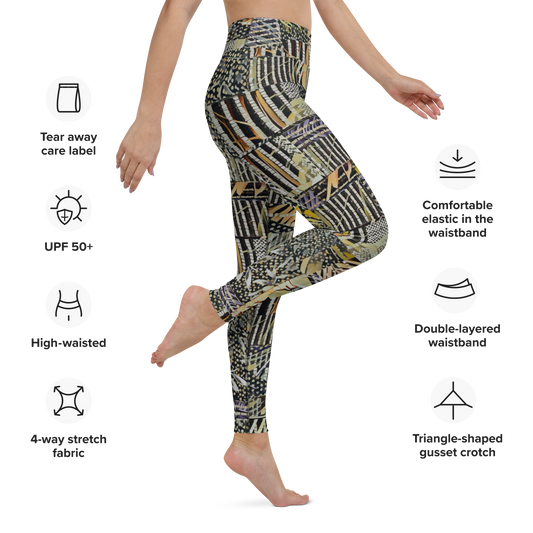 Yoga Leggings tropical design textured digital art original pattern grey tones leggings with plants and geometric designs