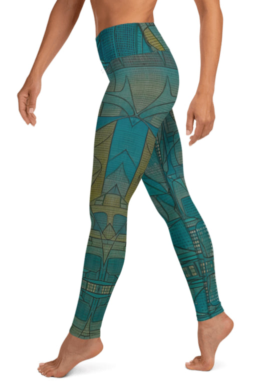 Yoga Leggings teal gold ochre abstract pattern original art print modern blue breathable stretchy sports pants yoga wear gym leggings