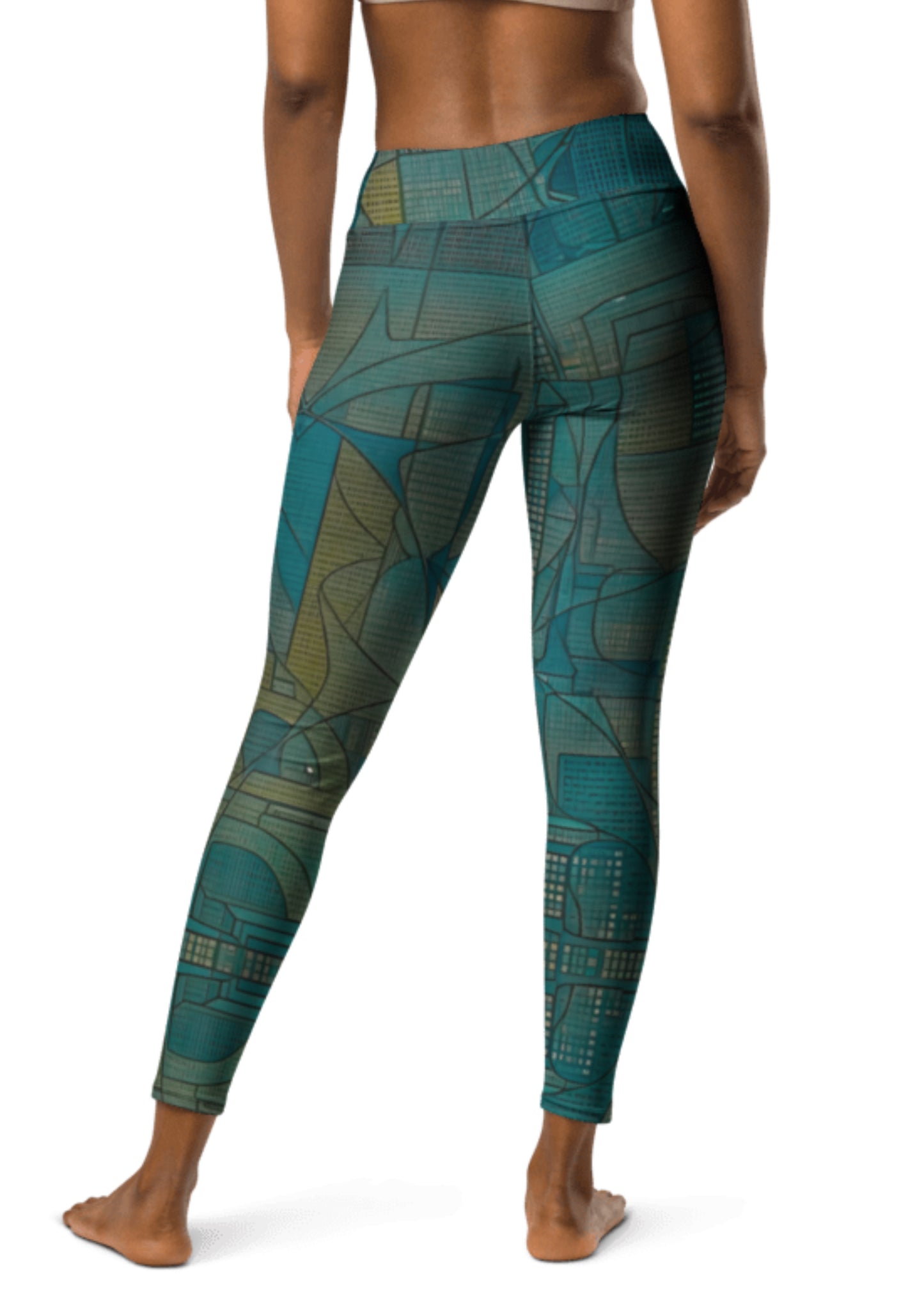 Yoga Leggings teal gold ochre abstract pattern original art print modern blue breathable stretchy sports pants yoga wear gym leggings