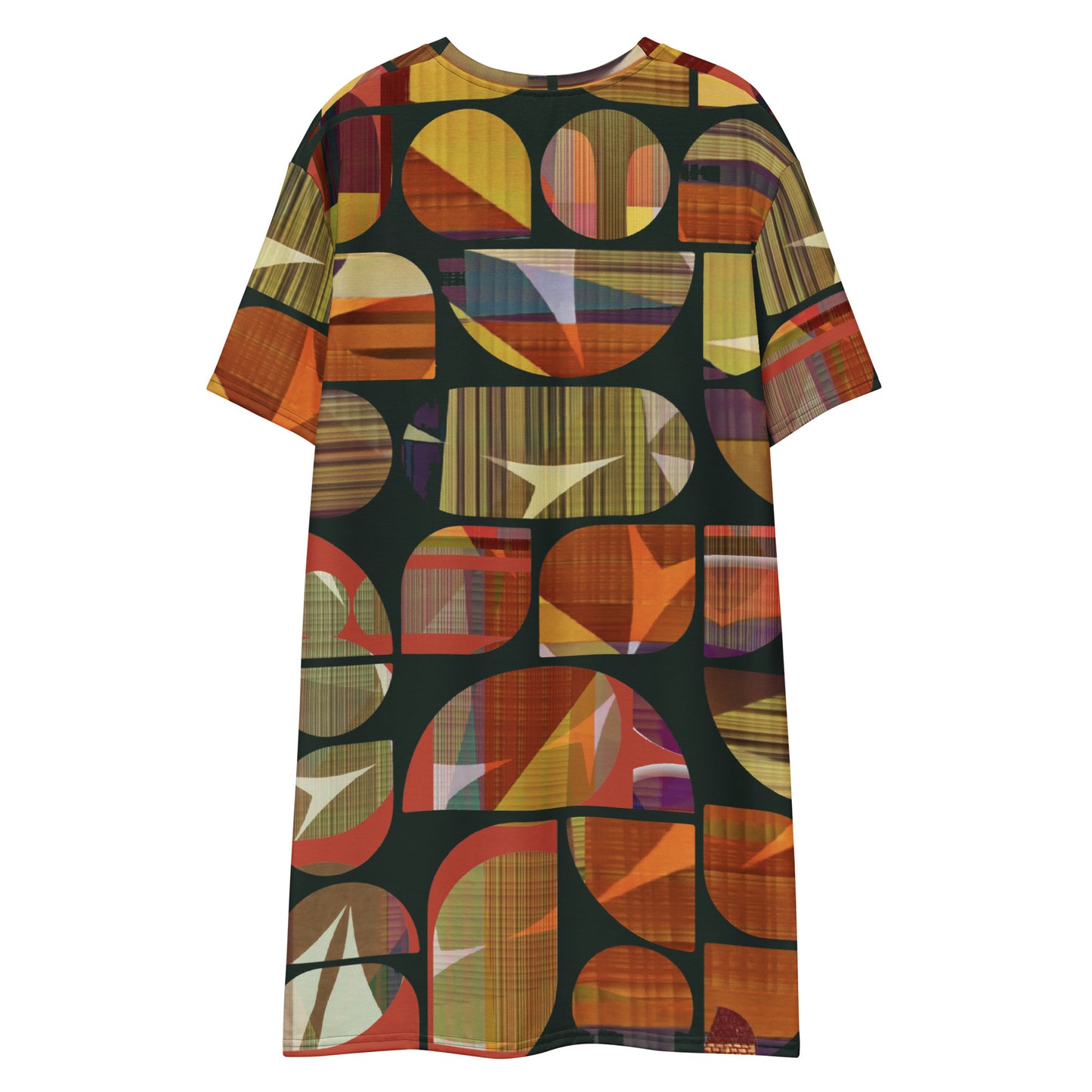 Dark green mid century modern abstract geometric T-shirt dress retro pattern vintage style business casual short sleeves dress