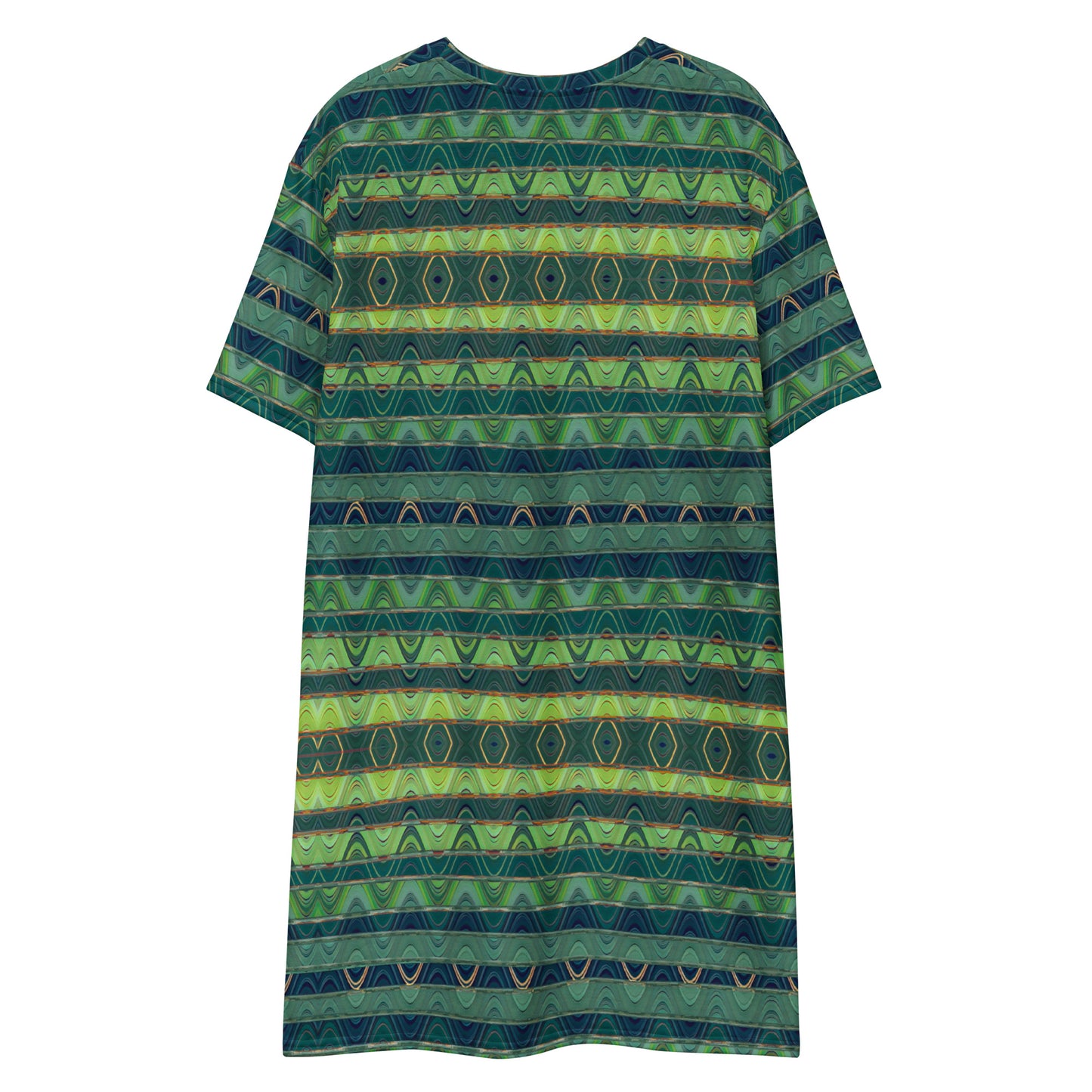 T-shirt dress blue green geometric pattern crew-neck dress 60s 70s short sleeves knee length outfit oversized dress stripes stripped design