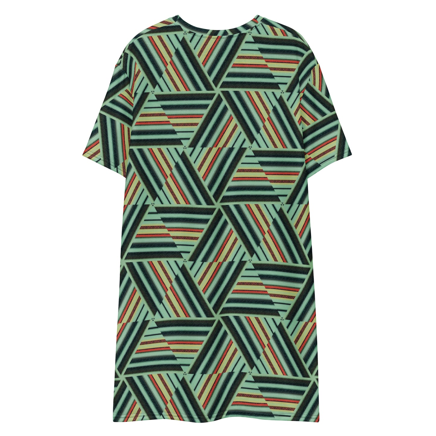 T-shirt dress green red stripes Retro style abstract geometric pattern T-shirt dress 60s 70s, abstract design, comfy crew-neck short sleeves