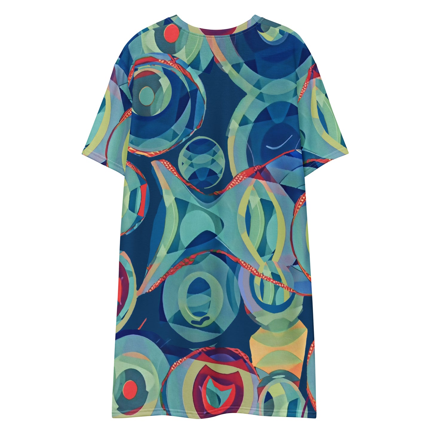 Abstract blue green sea tones T-shirt dress Retro style  geometric pattern T-shirt dress 60s 70s, abstract design, comfy crew neck knee leng