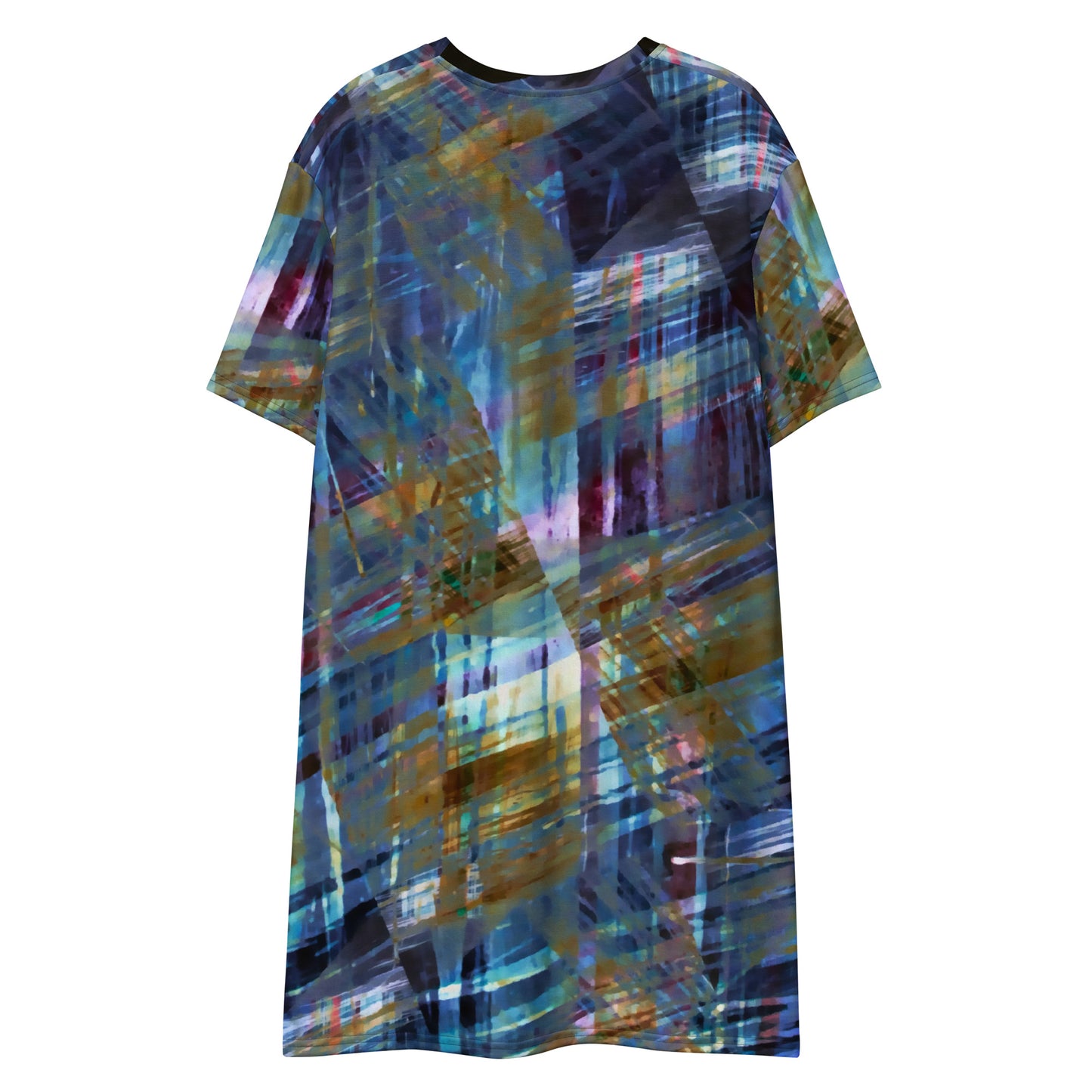 Black geometric abstract pattern T-shirt dress Retro style geo T-shirt dress 60s 70s, abstract design crew-neck short sleeves mid century