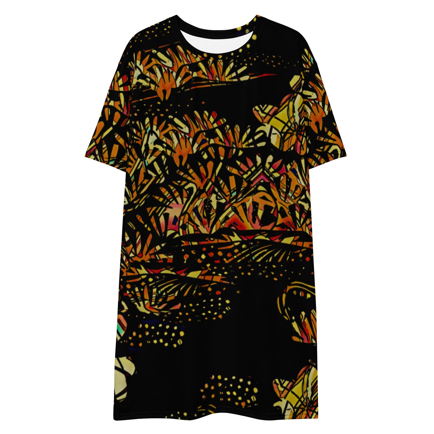 Black dress retro style abstract T-shirt dress tropical pattern design crew-neck 60s 70s, short knee length floral geometric T-shirt dress