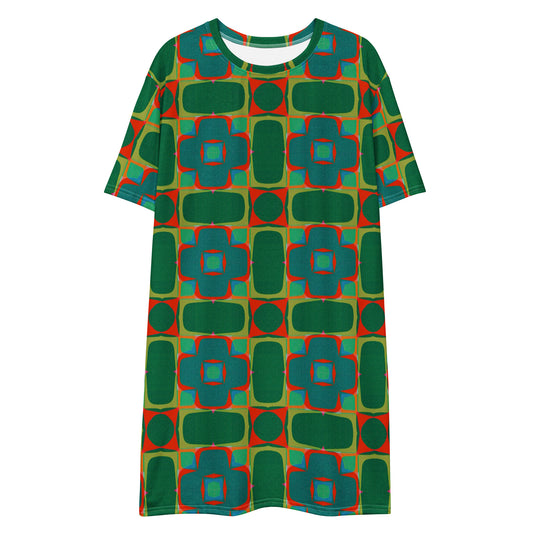 Green teal red plus size fit dress retro style vintage shapes geometric pattern T-shirt dress copy