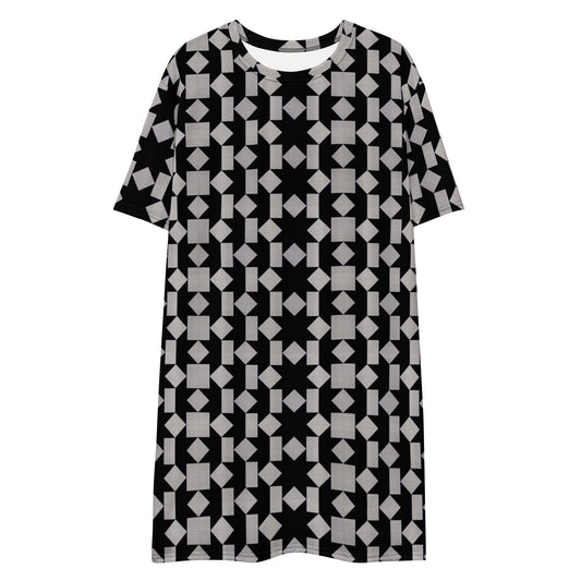 Black dress black and white abstract pattern T-shirt dress retro style nigh dress business casual dress knee length short sleeves geometric