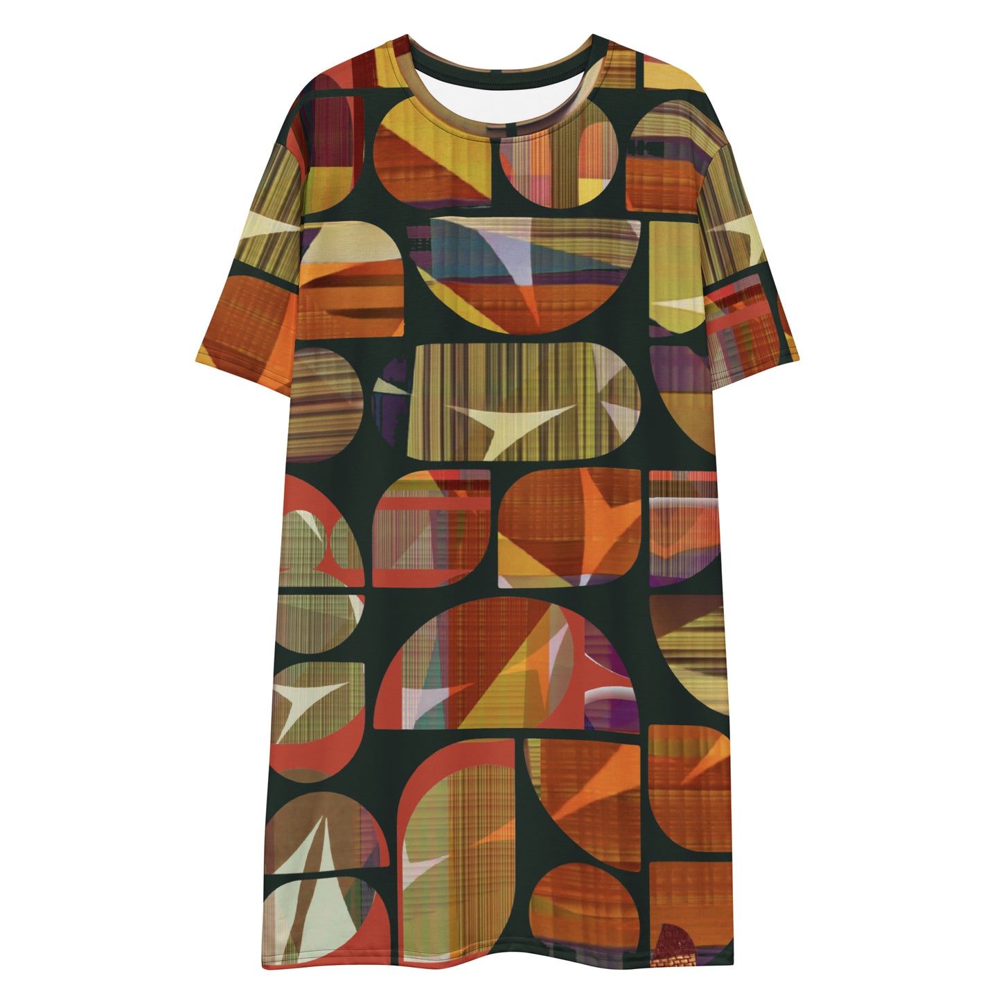 Dark green mid century modern abstract geometric T-shirt dress retro pattern vintage style business casual short sleeves dress