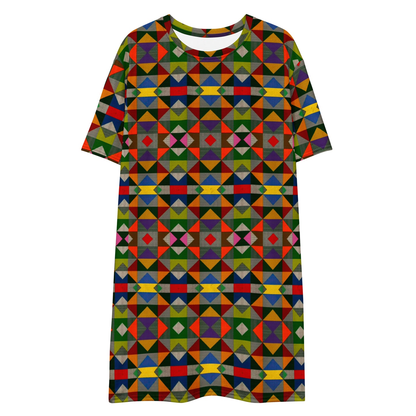 Geometric abstract fleal design t-shirt dress retro style abstract geometric design t-shirt dress boho bohemian crew-neck 60s 70s short