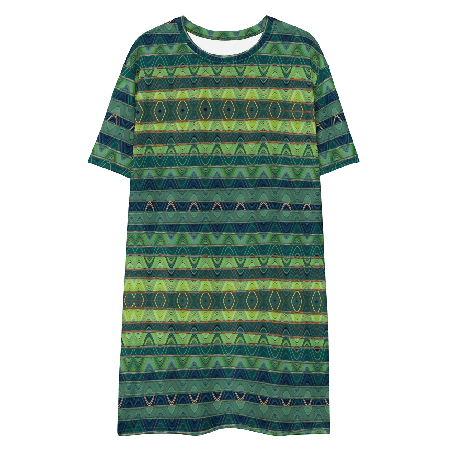 T-shirt dress blue green geometric pattern crew-neck dress 60s 70s short sleeves knee length outfit oversized dress stripes stripped design