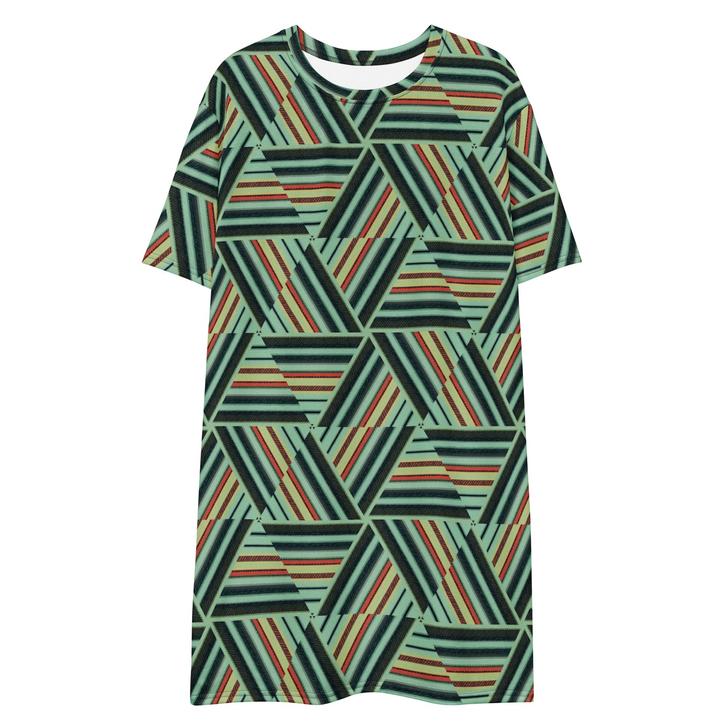 T-shirt dress green red stripes Retro style abstract geometric pattern T-shirt dress 60s 70s, abstract design, comfy crew-neck short sleeves