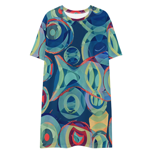 Abstract blue green sea tones T-shirt dress Retro style  geometric pattern T-shirt dress 60s 70s, abstract design, comfy crew neck knee leng