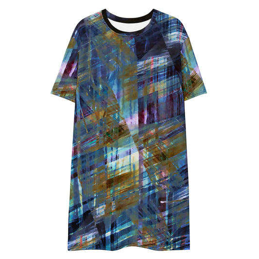 Black geometric abstract pattern T-shirt dress Retro style geo T-shirt dress 60s 70s, abstract design crew-neck short sleeves mid century