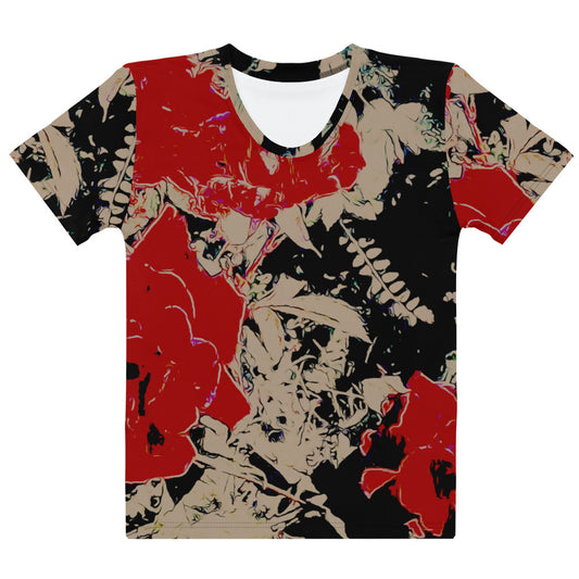 Floral abstract Women's T-shirt red roses black beige top business casual vintage style floral design romantic tee graphic tee for woman